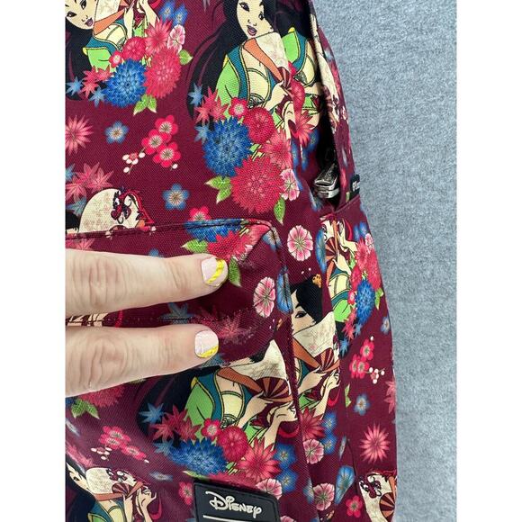 Disney Loungefly Mulan Backpack Maroon Floral Print Nylon Zip Up Pockets - Picture 3 of 9